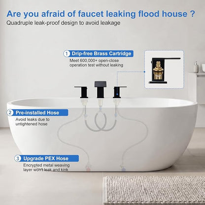 RUMOSE Roman Bathtub Faucet Set Waterfall Tub Faucets Matte Black | High Flow Widespread 6-16 Inch 3 Holes Deck Mount Tub Filler 2 Handles Bathtub Filler Soaking Bath Faucet