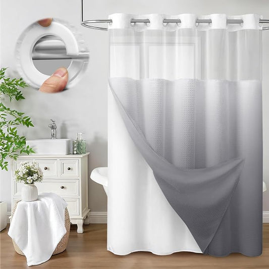 No Hook Shower Curtain with Liner Set Hotel Waffle Ombre Grey 72W X 75L | Washable Snap in Fabric Liner, Mesh Top Window, Waffle Hotel Style Shower Curtain Set