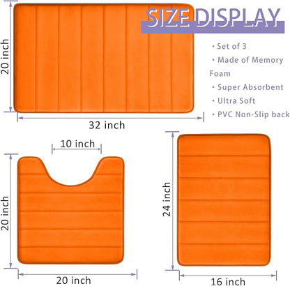 Orange Bathroom Rugs Extra Soft Memory Foam Bath Mat Sets 3 Piece Non Slip Absorbent & Dry Living Mat Sets Washable Bath Carpets with Toilet Rug,Bath Rugs for Bathroom,Tub,Shower,Kitchen,Bedroom