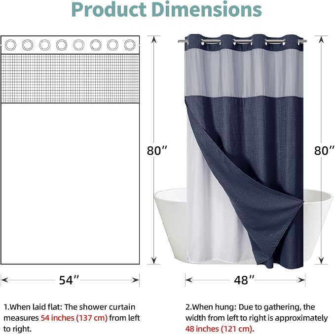 eachope No Hook Waffle Shower Curtain with Snap-in Liner, 54x80 Inch, Navy | 230GSM waffle weave fabric, waterproof liner set with 2 bottom magnets, mesh window, washable, for shower stalls or bathrooms