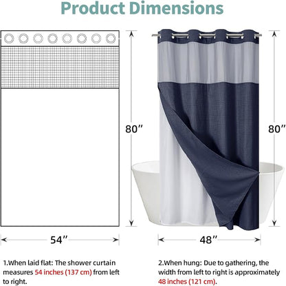 eachope No Hook Waffle Shower Curtain with Snap-in Liner, 54x80 Inch, Navy | 230GSM waffle weave fabric, waterproof liner set with 2 bottom magnets, mesh window, washable, for shower stalls or bathrooms