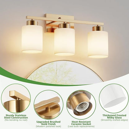 PARTPHONER 3-Light Brushed Gold Bathroom Light Fixtures, Modern Vanity Light Over Mirror Lighting, Wall Sconce with Frosted Milky White Glass Shades for Bedroom Living Room Kitchen Hallway