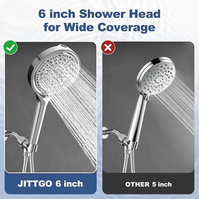 6 Inch Filtered Shower Head, 6 Spray Modes High Pressure Handheld Shower Head with Filter for Hard Water, Detachable Water Softener Showerhead with Hose, Chrome