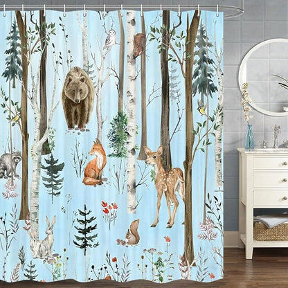JAWO Rustic Forest Shower Curtain, Lodge Cabin Woodsy RV Wildlife Animals Woodland Campers Camping Bathroom Set with Hooks, 72X84 Inch, Blue