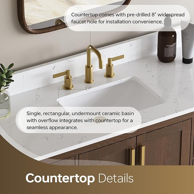 48 Inch Bathroom Vanity with Sink, Farmhouse Storage Cabinet with Drawers & Open Storage Shelf, Fully-Assembled, Soft-Closing Drawers and Adjustable Feet, Walnut