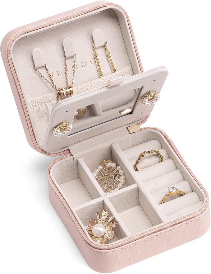 VLANDO Valentines Day Gifts - Small Travel Jewelry Box Organizer -Jewelry Display Case for Girls Women Bridesmaid Gift Rings Earrings Necklaces Storage with Mirror Pink | Necklace Hook for Anti-tangle, Removable Dividers, Waterproof PU Leather,Portable...
