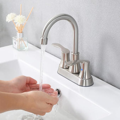 Friho 4 Inch Centerset Bathroom Faucet 2 Pack, 3 Hole Brushed Nickel Lead-Free 2-Handle RV Commercial Vanity Faucet with Drain Stopper & Supply Hoses