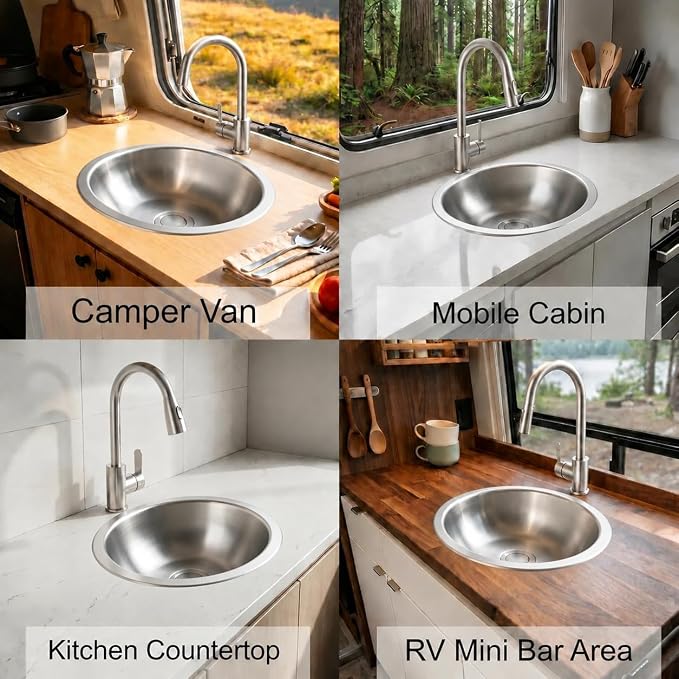 LQS Small RV Sink, 13.39 x 10.63 Inch Stainless Steel RV Bathroom Sink | Oval Small Sink for RV Bathrooms, Camper Kitchens and Bars, 5.12-Inch Depth with Stainless Steel Drain Assembly Included