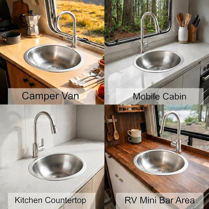 LQS Small RV Sink, 13.39 x 10.63 Inch Stainless Steel RV Bathroom Sink | Oval Small Sink for RV Bathrooms, Camper Kitchens and Bars, 5.12-Inch Depth with Stainless Steel Drain Assembly Included