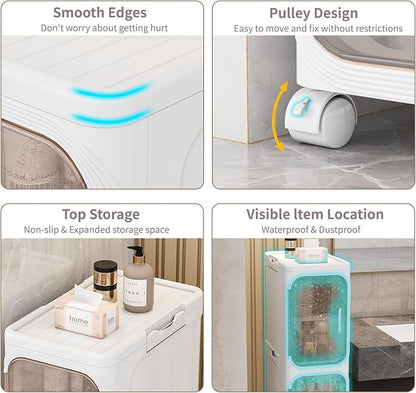 2 Tier Slim Bathroom Storage Cabinet, Foldable and Movable, White | Tools Free, ABS and PET, Magnetic Clear Door, Adjustable Shelves, Lockable Wheels, Water Resistant, For Narrow Space