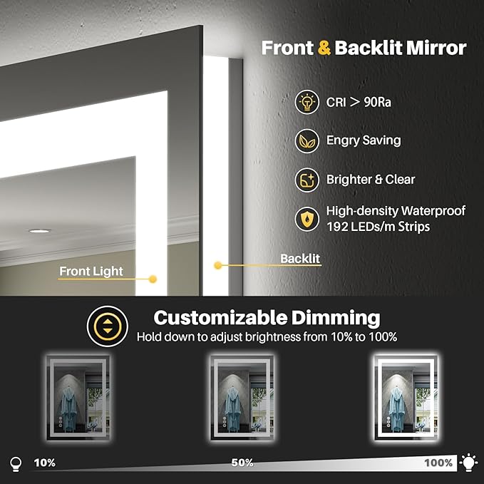 24x32 Inch LED Bathroom Mirror with Lights, Backlit & Front Lit, Anti-Fog Lighted Bathroom Vanity Mirror for Wall, Memory Function, Dimmable, HD Tempered Glass, Shatter-Proof