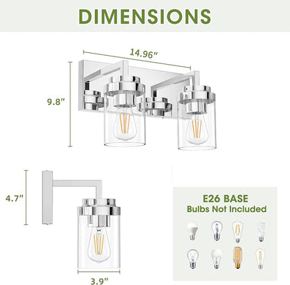 Bathroom Vanity Fixtures, 2 Light Matte Chrome Vanity Light with Clear Glass Shade, 15in Farmhouse wall Light, Lighting Fixture Over Mirror for Bathroom