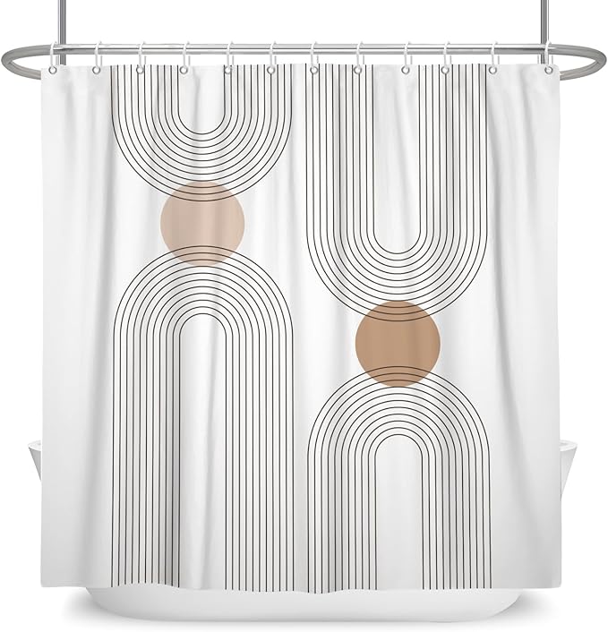Mid Century Shower Curtain for Bathroom, Boho Sun Rainbow Modern Minimalist Geometric Shower Curtain, Abstract Arch Lines Modern Aesthetic Bathroom Decor Curtain Sets 72x84 inch