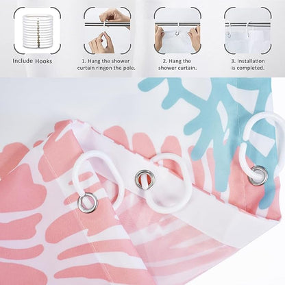 Nautical Coastal Shower Curtain, Blue Pink Ocean Beach Seashell Starfish Themed Bathroom Curtain Waterproof Fabric Machine Washable with Hooks, 36" Wx72 L