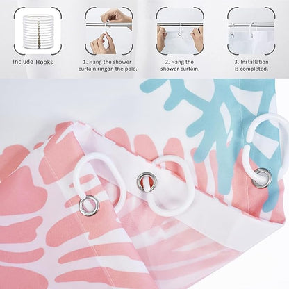 Nautical Coastal Shower Curtain, Blue Pink Ocean Beach Seashell Starfish Themed Bathroom Curtain Waterproof Fabric Machine Washable with Hooks, 72" Wx72 L