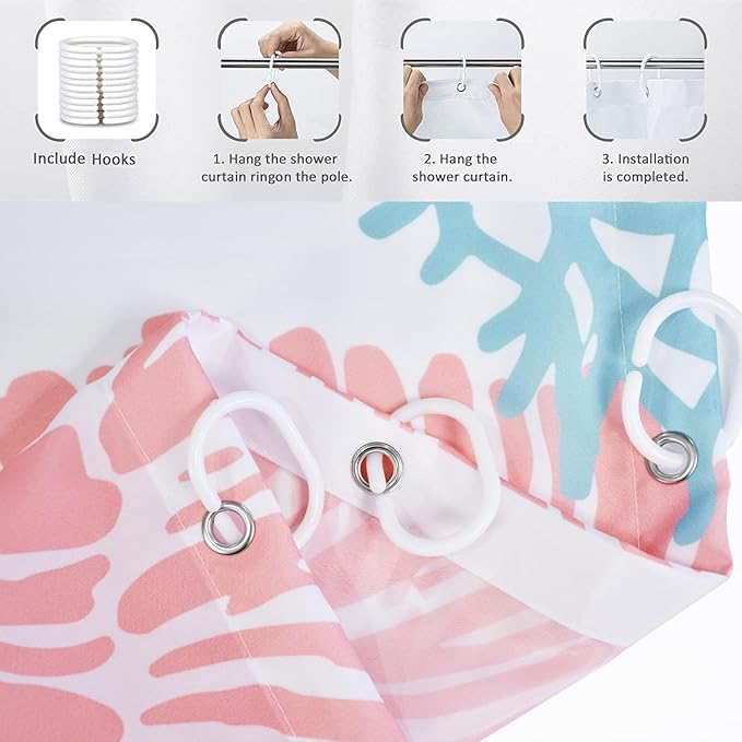 Nautical Coastal Shower Curtain, Blue Pink Ocean Beach Seashell Starfish Themed Bathroom Curtain Waterproof Fabric Machine Washable with Hooks, 72" Wx84 L