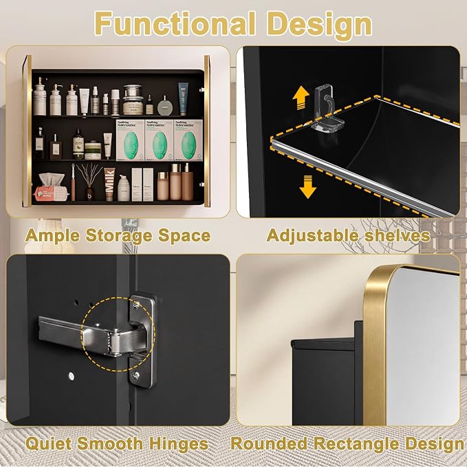 32x24 in Brushed Gold Double Door Medicine Cabinet with Mirror | Fully Assembled; Recessed or Surface Wall Mount; Metal Cabinet with Tempered Glass Mirror and Two Adjustable Glass Shelves