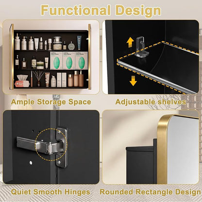 32x24 in Brushed Gold Double Door Medicine Cabinet with Mirror | Fully Assembled; Recessed or Surface Wall Mount; Metal Cabinet with Tempered Glass Mirror and Two Adjustable Glass Shelves