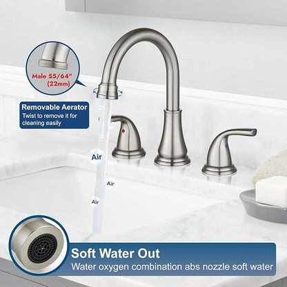Widespread Bathroom Sink Faucet Deck Mounted 3 Hole 8 inch Bathroom Vanity Faucet 2 Handles Basin Mixer Tap with Pop up Drain,Brushed Nickel