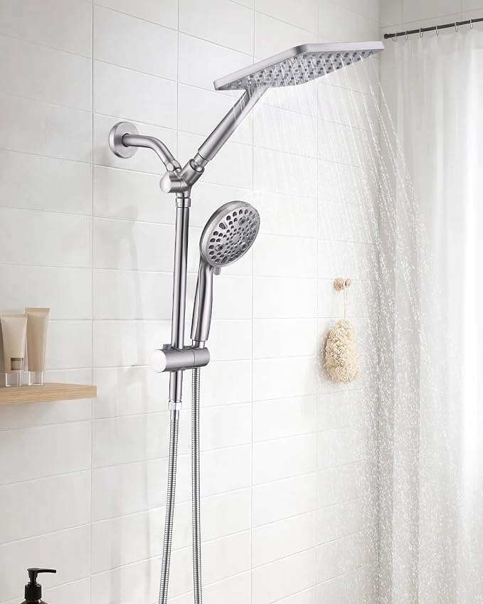 PDPBath High Pressure Rainfall Shower Head with Handheld Combo, Height Adjustable Dual Handheld Shower Head Combo with Slide Bar for Easy Reach, Brushed Nickel