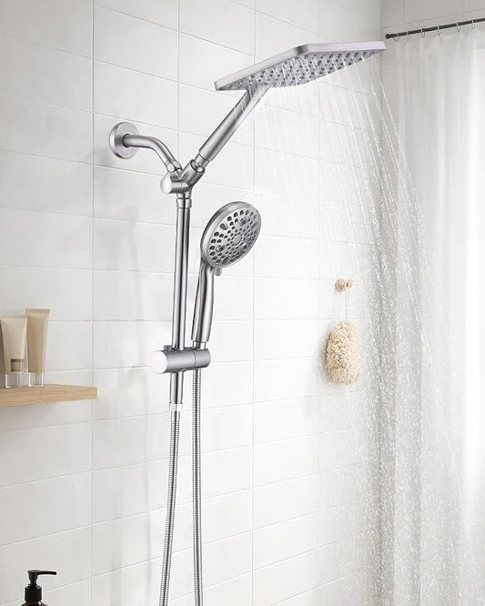 PDPBath High Pressure Rainfall Shower Head with Handheld Combo, Height Adjustable Dual Handheld Shower Head Combo with Slide Bar for Easy Reach, Brushed Nickel