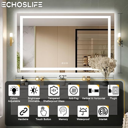 EchosLife 57"x36" Light Mirror for Bathroom | Backlit + Front Lit, Anti-Fog, Stepless Dimmable, 3 Colors, Memory, Tempered Glass, UL Listed, Horizontal/Vertical
