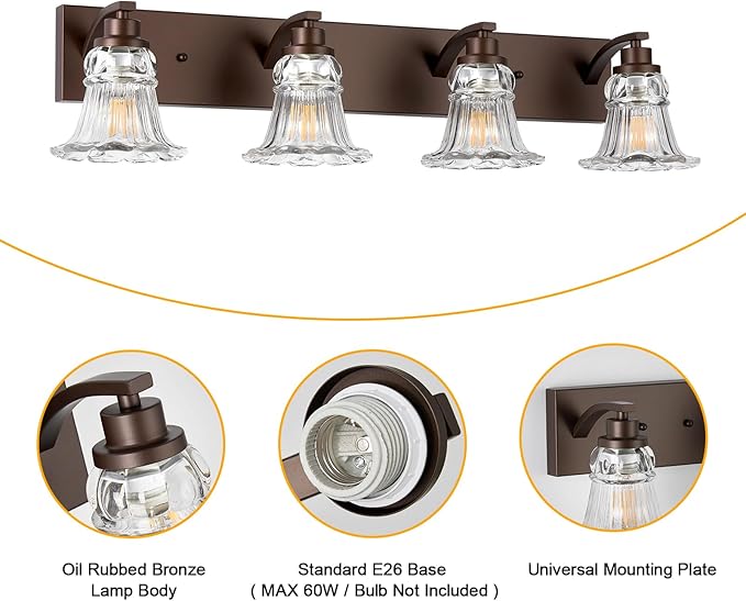 Vintage 4-Light Bathroom Vanity Light, Oil Rubbed Bronze Bathroom Light Fixtures with Floral Clear Glass Shades, Antique Wall Sconce Fixtures for Dressing Table, Bedroom