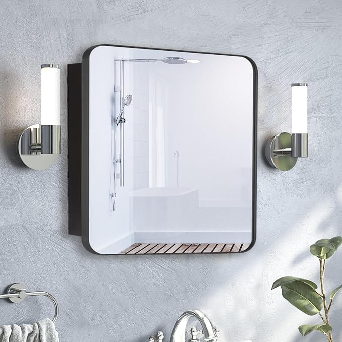 20’’x20’’ Medicine Cabinet,Metal Framed Medicine Cabinet Mirror with Round Corner,Recessed and Surface Mount Bathroom Mirror with Storage, Removeable Shelves,Dark Gray Frame