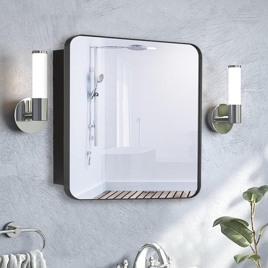20’’x20’’ Medicine Cabinet,Metal Framed Medicine Cabinet Mirror with Round Corner,Recessed and Surface Mount Bathroom Mirror with Storage, Removeable Shelves,Dark Gray Frame