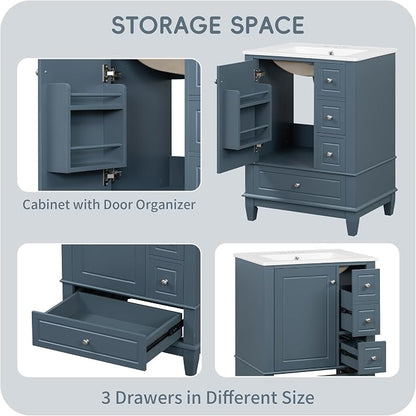 Bathroom Vanity with Ceramic Sink 24 Inch, Cabinet with One Door and Three Drawers, Soft-Closing Door, Solid Wood Legs, Blue Gray
