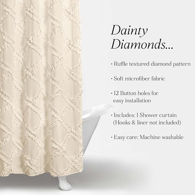 Lush Decor, Ivory/Pale Yellow Ruffle Diamond Shower Curtain | Textured Shabby Chic Farmhouse Style Design, x 72, 72" x 72"
