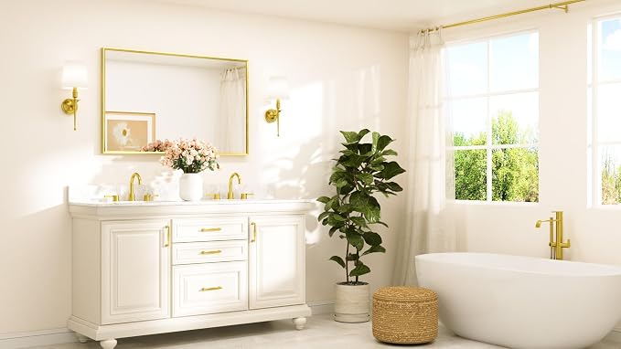 Brushed Gold Frame Mirror for Bathroom Wall 48" x 30" Brushed Brass Beveled Rectangle Bathroom Vanity Mirror for Over Sink, Bedroom, Entryway, Living Room, Tempered Glass, Stronger Frame