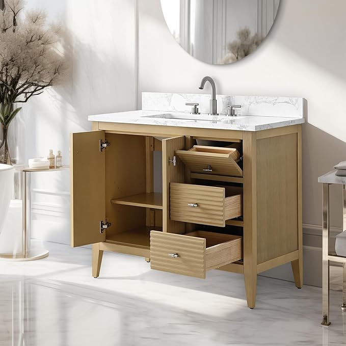 Vanity Art 36 inch Oak Bathroom Vanity with Single Sink & Ceramic Top, Vanity Cabinet with Soft-Closing Door, Solid Wood Frame, Linear Pattern, Natural Oak, VA9136-NO-MB,Matte Black Handles