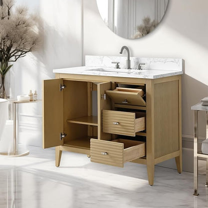 Vanity Art 36 inch Oak Bathroom Vanity with Single Sink & Ceramic Top, Vanity Cabinet with Soft-Closing Door, Solid Wood Frame, Linear Pattern, Natural Oak, VA9136-NO-MB,Matte Black Handles