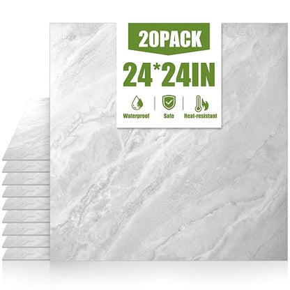 RORA 24x24 Inch Peel and Stick Floor Tile 20-Pack Waterproof Vinyl | Covers 80 Sq.Ft, Self-Adhesive, Easy DIY install, Gray Marble Vinyl Floor Tiles for Bathroom, Kitchen, Laundry & Office