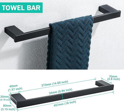 Matte Black Bathroom Hardware Accessories Set 4 Pieces Bath Towel Bar Set with 18 Inch Towel Bar,Toilet Paper Holder,Towel Hooks,SUS 304 Stainless Steel Wall Mounted Bathroom Towel Rack Set