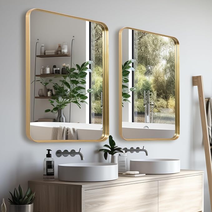 Anpark Wall Mirror 24" x 36" Gold Metal Deep Frame Mirror for Wall Decorative Rectangular Round Corner Wall Mounted Vanity Mirror for Bathroom Living Room Bedroom Entryway Wall Decor