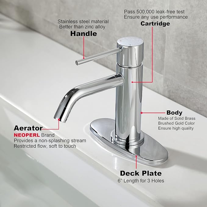 Bathroom Faucet Chrome Single Hole, JXMMP Single Handle Bathroom Faucets for Sink with Pop Up Drain Assembly and 6 inch Deck Plate