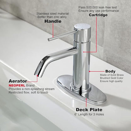 Bathroom Faucet Chrome Single Hole, JXMMP Single Handle Bathroom Faucets for Sink with Pop Up Drain Assembly and 6 inch Deck Plate