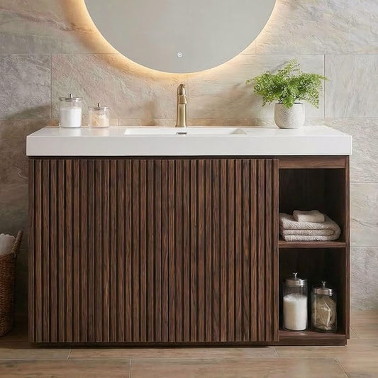 48" Bathroom Vanity with Sink Combo, Mid Century Modern Bathroom Cabinet with Doors & Open Shelf, Glossy White Integrated Sink with Overflow, Brown Walnut