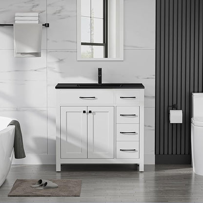 LUCKWIND 36" Bathroom Vanity with Black Sink Combo, Painted Modern Bathroom Storage Cabinet with Black Sink, Two Doors and Three Drawers, Include Faucet Without Mirror, White