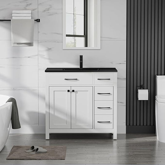 LUCKWIND 36" Bathroom Vanity with Black Sink Combo, Painted Modern Bathroom Storage Cabinet with Black Sink, Two Doors and Three Drawers, Include Faucet Without Mirror, White