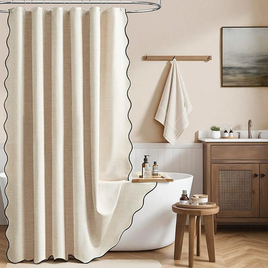 BTTN Long Shower Curtain, 80 Inch Boho Scalloped Linen Textured Heavy Duty Fabric Shower Curtain Set with Hooks, Tall Vintage Farmhouse Waterproof Cloth Shower Curtain for Bathroom, 72x80, Beige/Cream