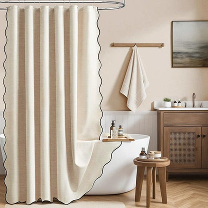 BTTN Extra Long Shower Curtain, 72x90 Boho Scalloped Linen Textured Thick Fabric Shower Curtain Set with Hooks, Large Farmhouse Waterproof Washable Cloth Shower Curtains for Bathroom, Beige/Cream