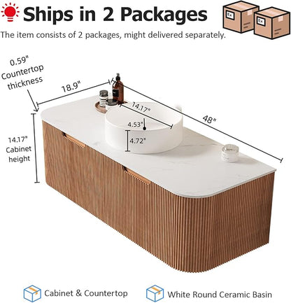 48" Bathroom Vanity with Sink, Floating Plywood Bathroom Vanities with Ultra-Thin Ceramic Basin and Marble Top, 2 Large Soft-Closing Storage Drawers, Pre-Assembled Cabinet, Nature Wood