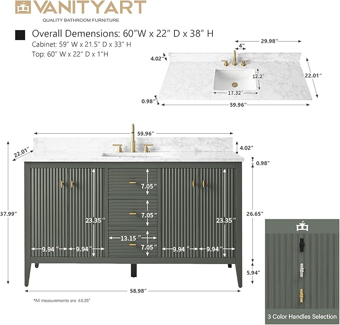 Vanity Art 60 inch Bathroom Vanity with Single Sink & Ceramic Top, Vanity Cabinet with Soft-Closing Door, Solid Wood Frame, Linear Pattern, Vintage Green, VA9160-SVG-MB,Matte Black Handles