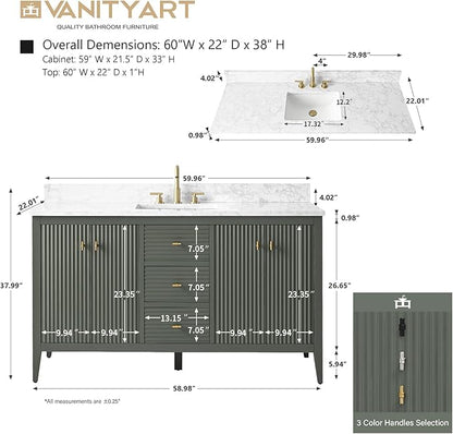 Vanity Art 60 inch Bathroom Vanity with Single Sink & Ceramic Top, Vanity Cabinet with Soft-Closing Door, Solid Wood Frame, Linear Pattern, Vintage Green, VA9160-SVG-MB,Matte Black Handles