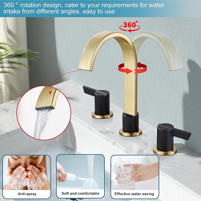 Midanya 8 Inch Widespread Bathroom Sink Faucet 3 Hole,Black and Gold Spout | Waterfall Swivel Spout,2 Handle,SUS304,with Pop Up Drain,cUPC 24" Water Hose,for 6-16” hole distance vanity,RV,Farmhouse Sink
