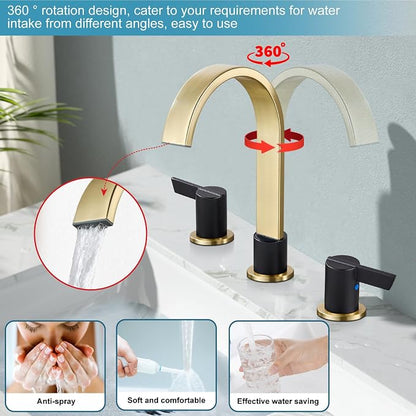 Midanya 8 Inch Widespread Bathroom Sink Faucet 3 Hole,Black and Gold Spout | Waterfall Swivel Spout,2 Handle,SUS304,with Pop Up Drain,cUPC 24" Water Hose,for 6-16” hole distance vanity,RV,Farmhouse Sink