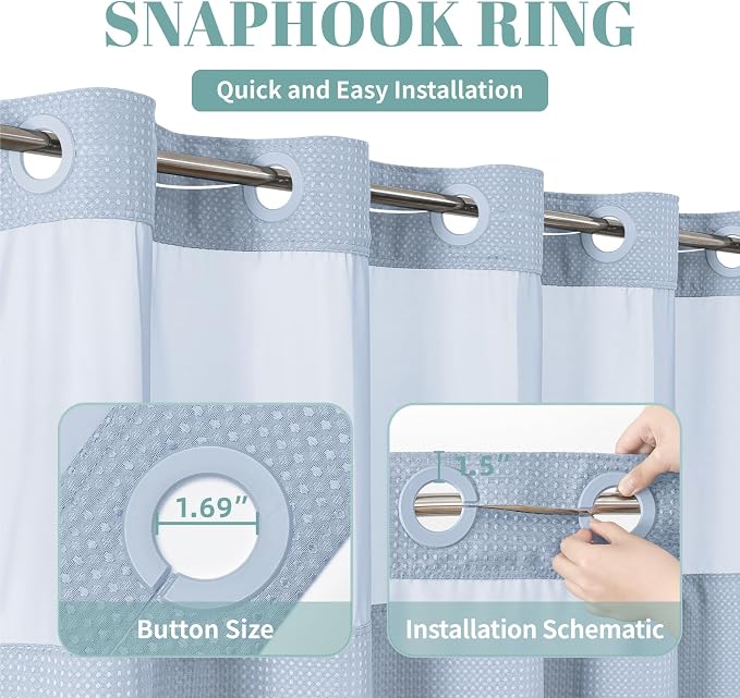 No Hook Waffle Shower Curtain with Snap-in Liner, 71x74 Inch, Frost Blue | 230 GSM waffle weave fabric, waterproof liner set with 2 bottom magnets, mesh top window, washable, for bathroom or hotel use